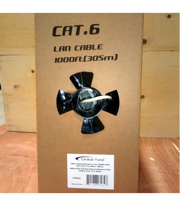 Câble réseau Ethernet en vrac 23AWG CAT6 UTP, CCA, , Blanc , 1000 pi.