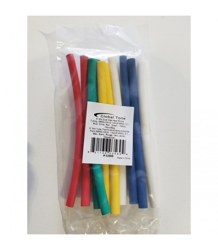 Global Tone 6 Heat Shrink Tubing Glue, Dual Wall, 1/4, 3:1, 5 colors, Bag of 10pcs