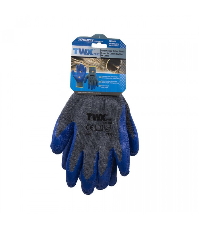 TWXpert Pair Knitted Cotton Glove Gray With Crinkle Latex Palm Blue (L)