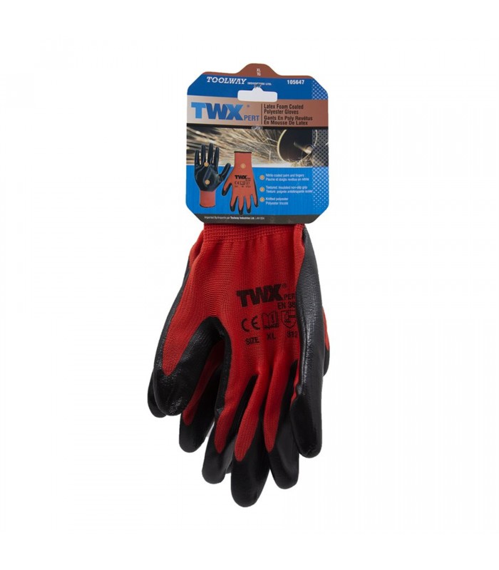 TWXpert Pair Knitted Polyester Glove Red With Nitrile Black PU Palm (XL)