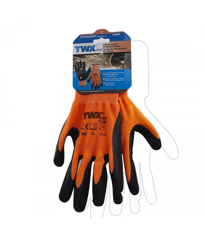 TWXpert Pair Knitted Polyester Glove Orange With Latex Foam Black Palm (XL)