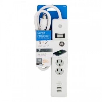 Barre de surtension 4 ports avec 2 ports USB cordon 0,91m de GE