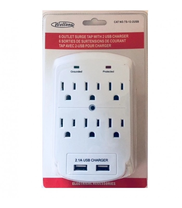 Wellson 6 outlets wall tap with surge & 2.1A 2-USB PORT (CETL)