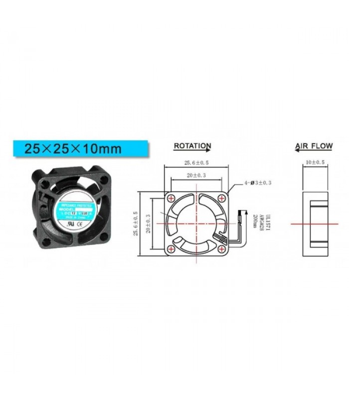 Ventilateur 12Vdc 0.08A 25mm x 25mm x 10mm 2 broches