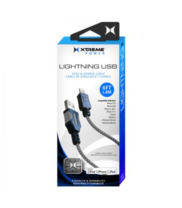 Xtreme 6ft Lightning Sync-Charge Cable Black-Grey