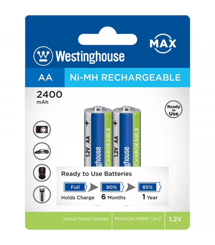 Westinghouse - Pile rechargeable au nickel-hydrure métallique à auto-décharge faible AA - Paquet de 2