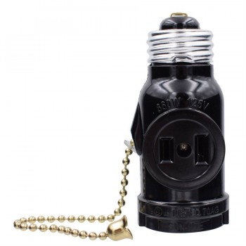 Pull-Chain Socket Adapter Medium Base Single-to-Twin Black