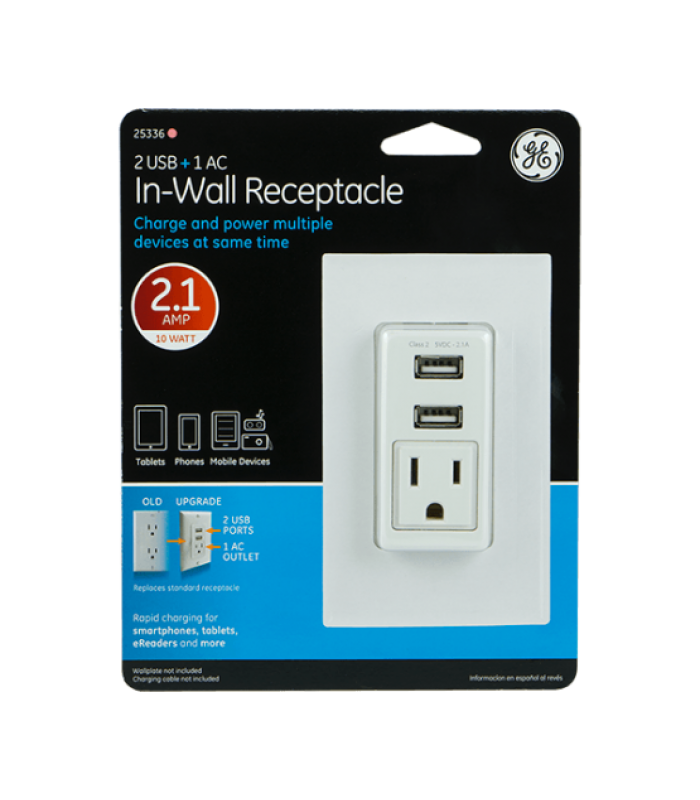 GE In-Wall USB Charger Receptacle – (2-USB + 1-AC) (2.1Amp/10-Watt)