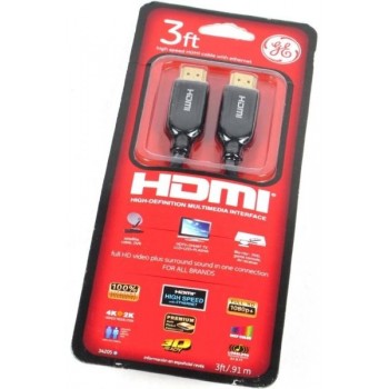 GE AV34205 HDMI High Speed Cable with Ethernet, A Plug to A Plug Gold Connectors, 3ft