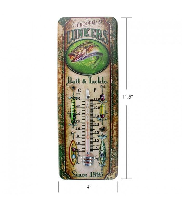 TIMBER - PLAQUE TIN THERMOMETRE  BAIT AND TACKLE