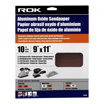 ROK Aluminum Oxide Sandpaper Assorted 9 x 11 in. - Pack of 10