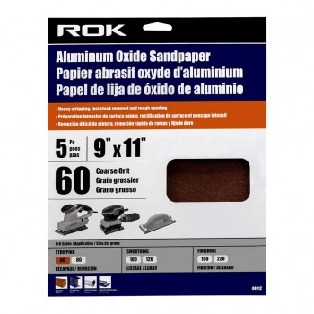 ROK Aluminum Oxide Sandpaper 60 Grit 9 x 11 in. - Pack of 5