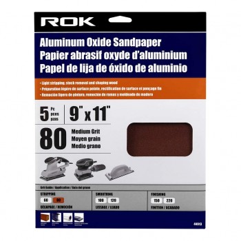 ROK Aluminum Oxide Sandpaper 80 Grit 9 x 11 in. - Pack of 5