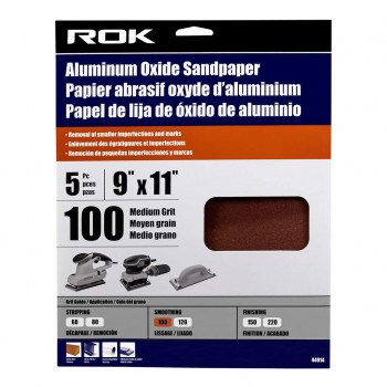 ROK Aluminum Oxide Sandpaper 100 Grit 9 x 11 in. - Pack of 5