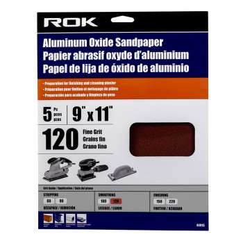 ROK Aluminum Oxide Sandpaper 120 Grit 9 x 11 in. - Pack of 5