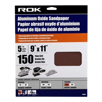 ROK Aluminum Oxide Sandpaper 150 Grit 9 x 11 in. - Pack of 5