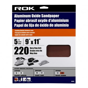 ROK Aluminum Oxide Sandpaper 220 Grit 9 x 11 in. - Pack of 5