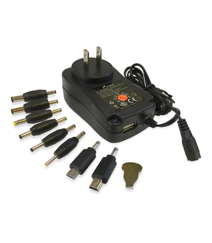 PureVolt Universal Charger with 8 Adapters and USB Port - 1A - 3V to 12V