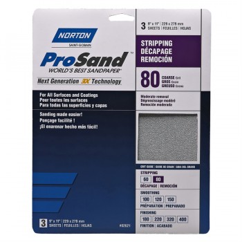 Norton 02621 80 Grit Aluminum Oxide Sandpaper High Performance - 3 Sheets