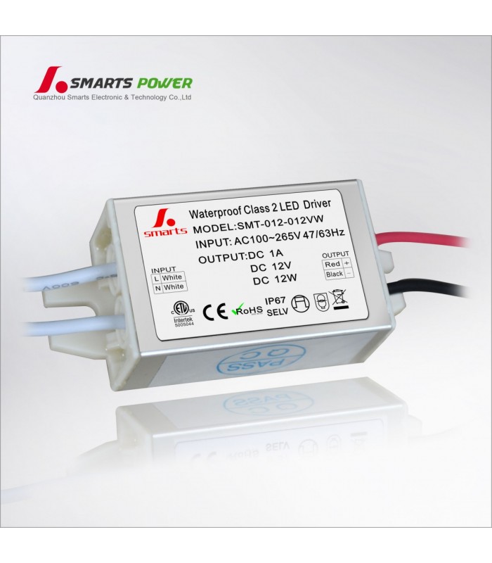 Transformateur DEL voltage constant, entrée 100-265v, sortie 1 Amp, 12VDC IP67, Certifié