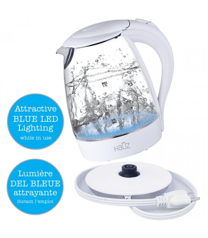 1.7 L Stainless steel cordless glass kettle with LED base, White