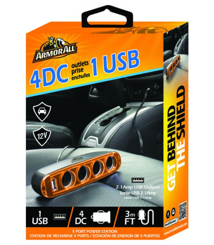 Chargeur de voiture 1 Port USB 2.1A avec 4 prises DC de Armor All