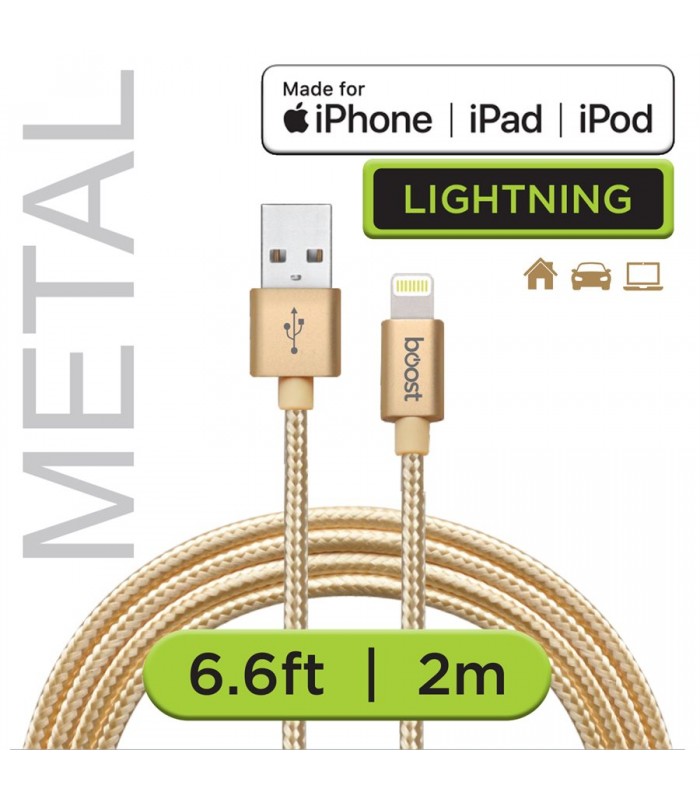 BOOST Tangle-free double braided Lightning USB cable with metal ends. Apple® MFI certified.Length - 6.6 ft. (2 m)