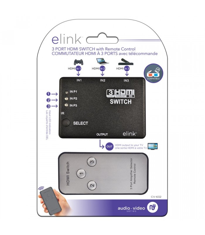 eLink 3 port HDMI switch with remote control