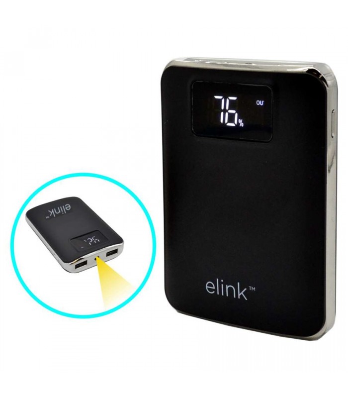 eLink 10000mah power bank w 2 usb ports 1a and 2.1a, light, w LCD display