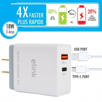 eLink Dual quick charger 3.0 with Type-C and USB ports