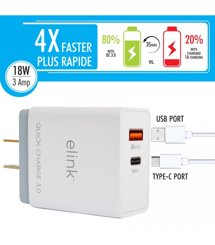 eLink Chargeur rapide double 3.0 avec ports Type-C et USB