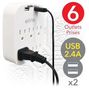 eLink 6 Outlet wall tap with 2 USB , 2.4A