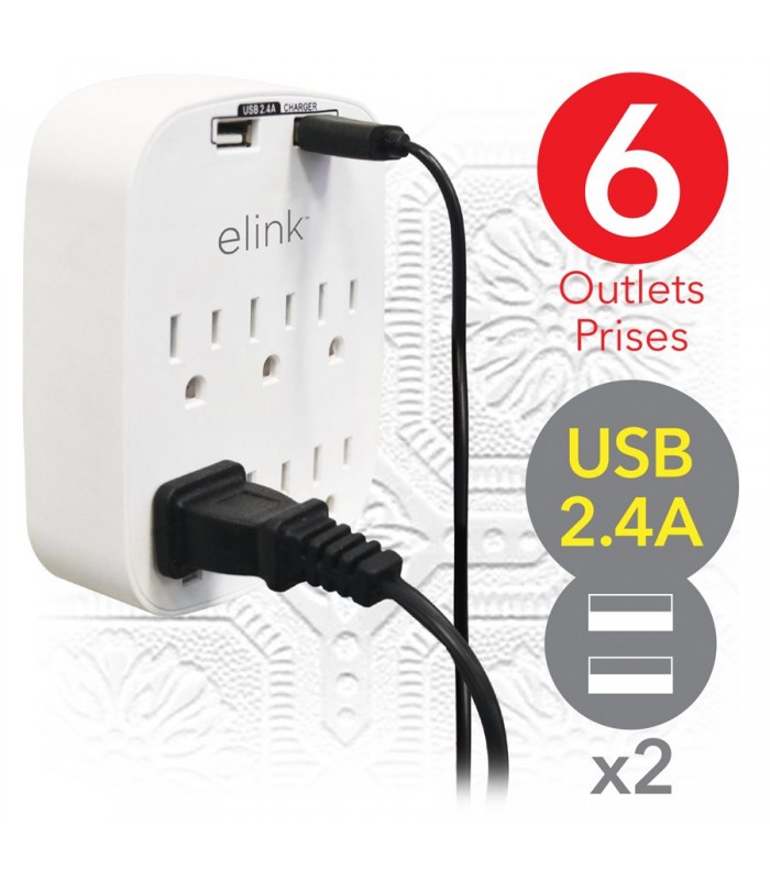 Adaptateur à 6 prises avec 2 ports USB 2.4A de eLink