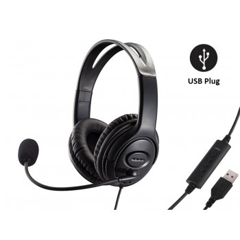 Casque USB 2.0 filaire stéréo lecteur 40 mm, volume réglable avec micro pour ordinateur