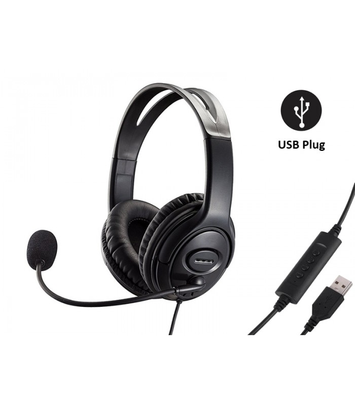 Casque USB 2.0 filaire stéréo lecteur 40 mm, volume réglable avec micro pour ordinateur