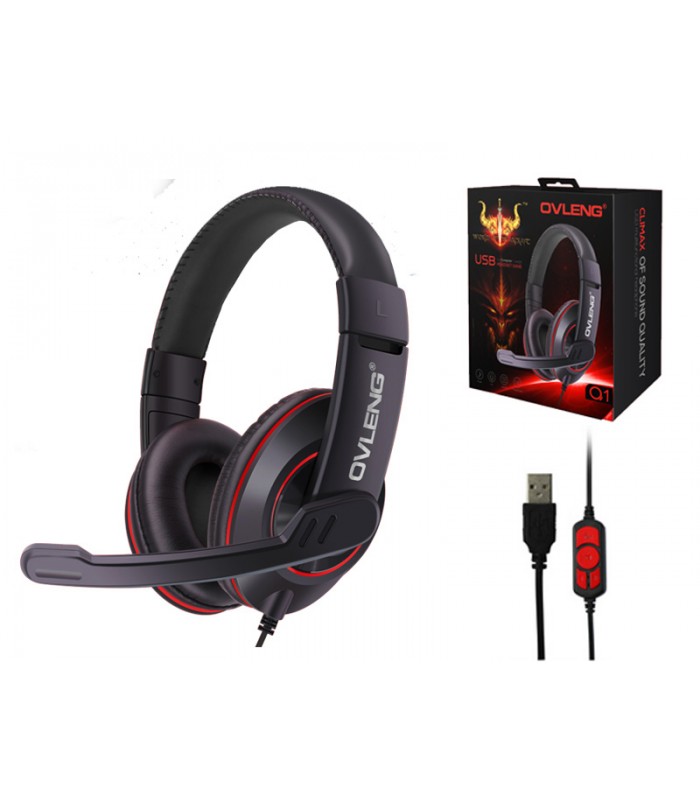 OVLENG Q1 USB Gaming Headset Over-ear Noise Cancelling with Mic for Computer - Red