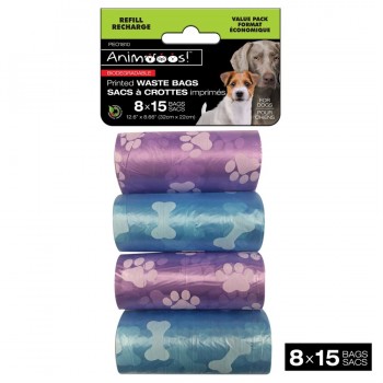 Sacs de déchets biodégradables pour chiens imprimés par 8pk - 15bags / roll - 32x22cm