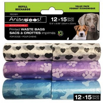 Sacs de déchets biodégradables pour chiens imprimés par 12pk - 15bags / roll - 32x22cm