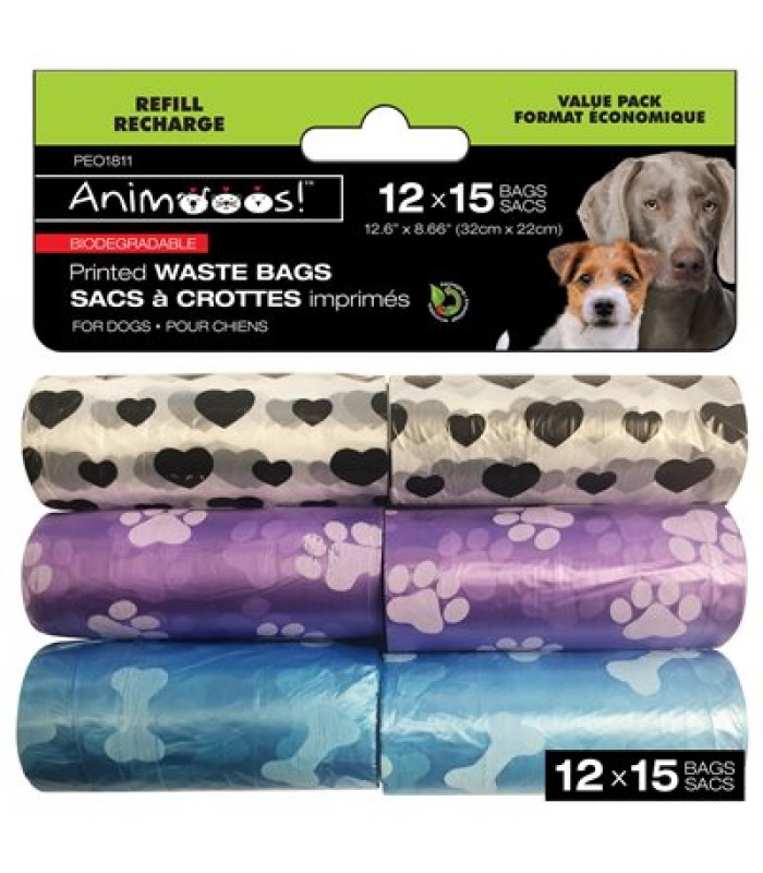 Sacs de déchets biodégradables pour chiens imprimés par 12pk - 15bags / roll - 32x22cm