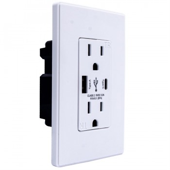 LightWay Decora Duplex Receptacle T / P 15A Dual USB Charger Type-A / C 5A Screwless Wall Plate White
