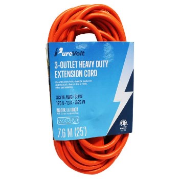 PureVolt Rallonge électrique robuste à 3 prises - 3C/16 AWG - Intérieur/Extérieur - 125 V - 13 A - Orange - 7.6 m