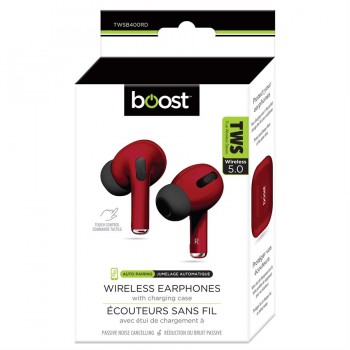 BOOST TWS Wireless stereo Earphones with charging station & Microphone, Metallic Red