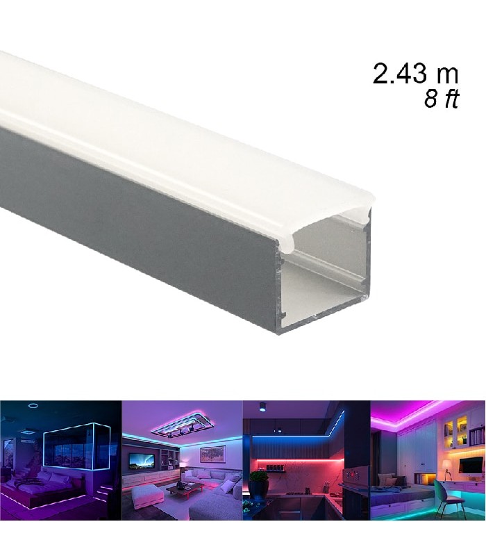 Rail en aluminium pour bande de lumière DEL - Couvercle givré - 17 mm X 2.43 m
