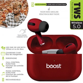 BOOST TWS Wireless stereo Earphones with charging station & Microphone, Metallic Red