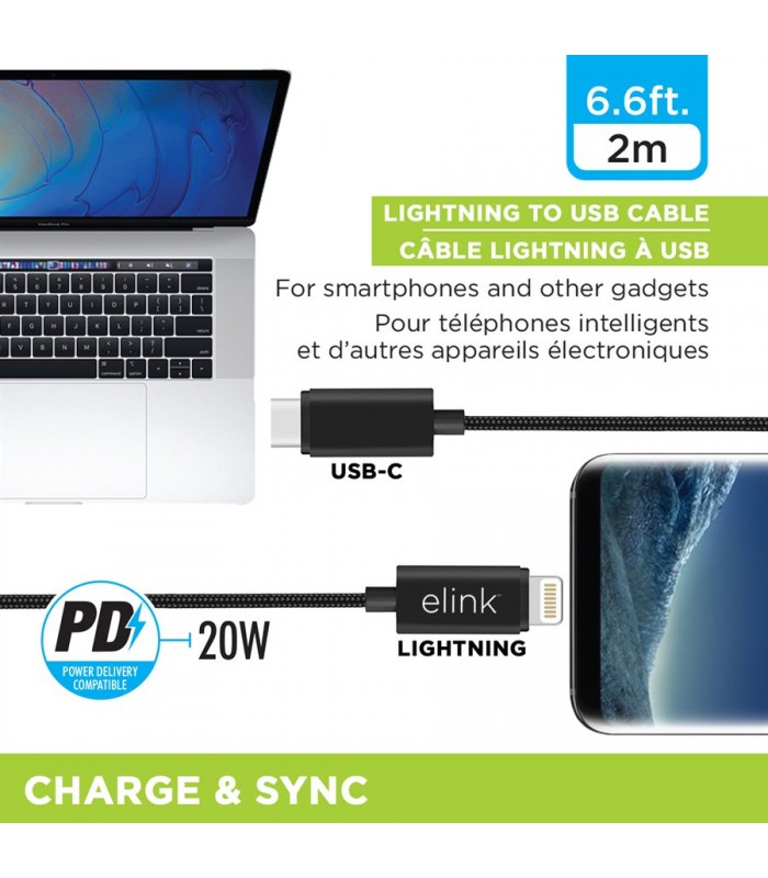 eLink 6.6ft Type-C to Lightning 20W Power Delivery fast charging cable