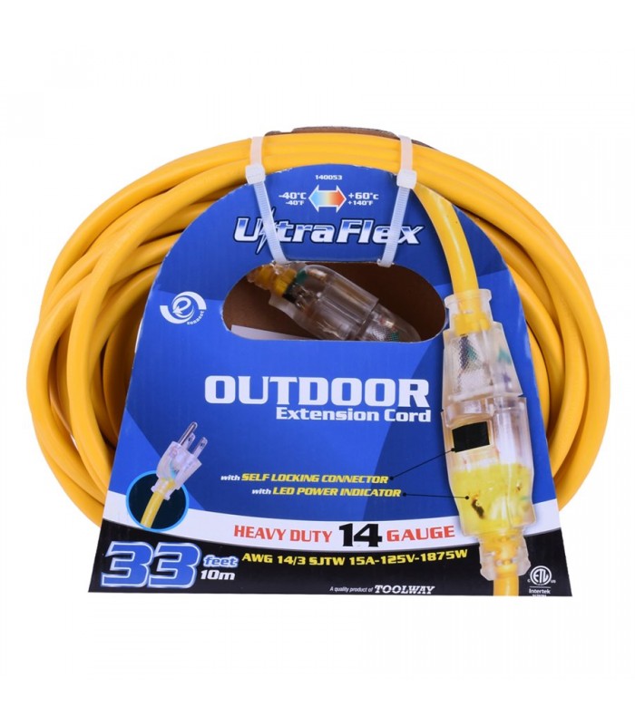 FlexiCord Extension Cord Outdoor SJTW 14/3 Lighted Single Tap Yellow - 30 ft / 9.1 m