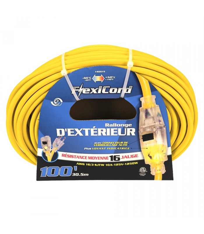 FlexiCord Extension Cord Outdoor SJTW 16/3 Lighted Single Tap Yellow - 100 ft / 30.48 m