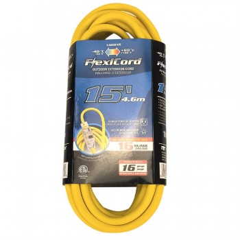 FlexiCord Rallonge électrique extérieure SJTW 16/3 Prise simple éclairée - Jaune - 15 pi / 4,57 m