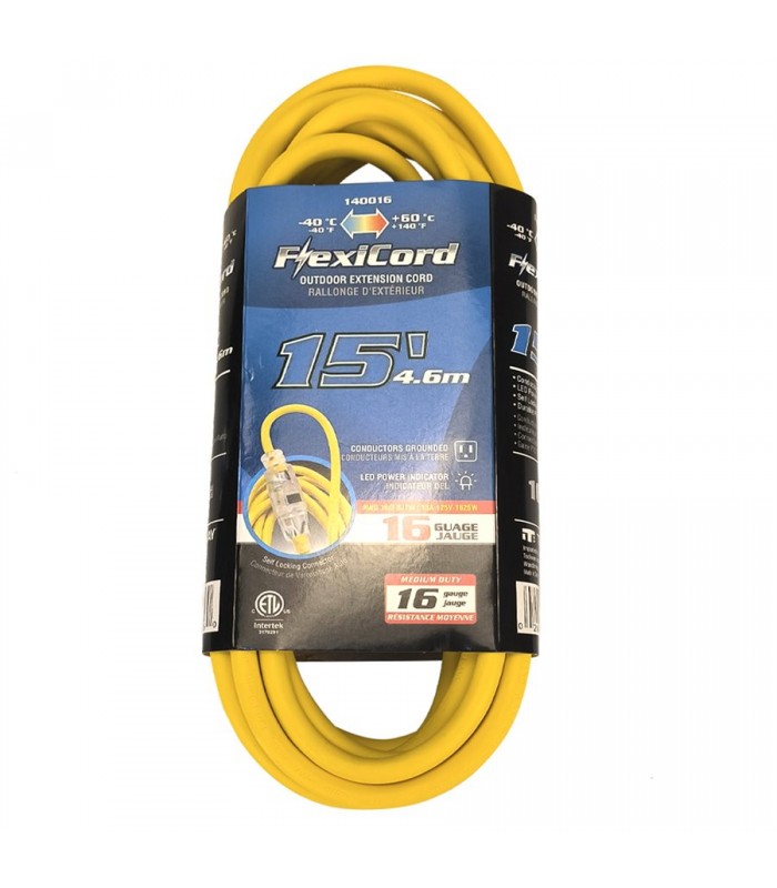 FlexiCord Extension Cord Outdoor SJTW 16/3 Lighted Single Tap Yellow - 15 ft / 4.57m