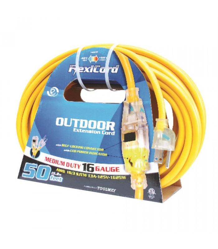 FlexiCord Extension Cord Outdoor SJTW 16/3 Lighted Single Tap Yellow - 50 ft / 15.2 m